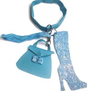 Blue Keychain Set, Sexy Boot Purse, Tassel, and Wristlet, Boot & Bag Keychain